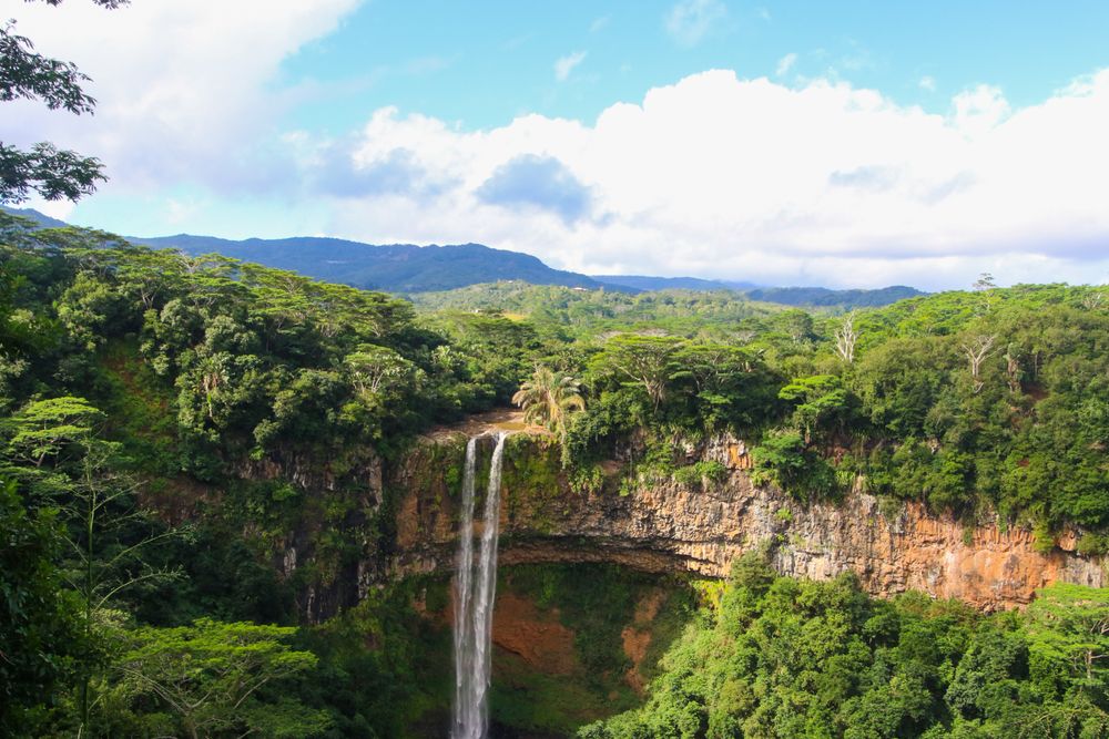 Chamarel waterfall surrounded by the lush green forest of Mauritius