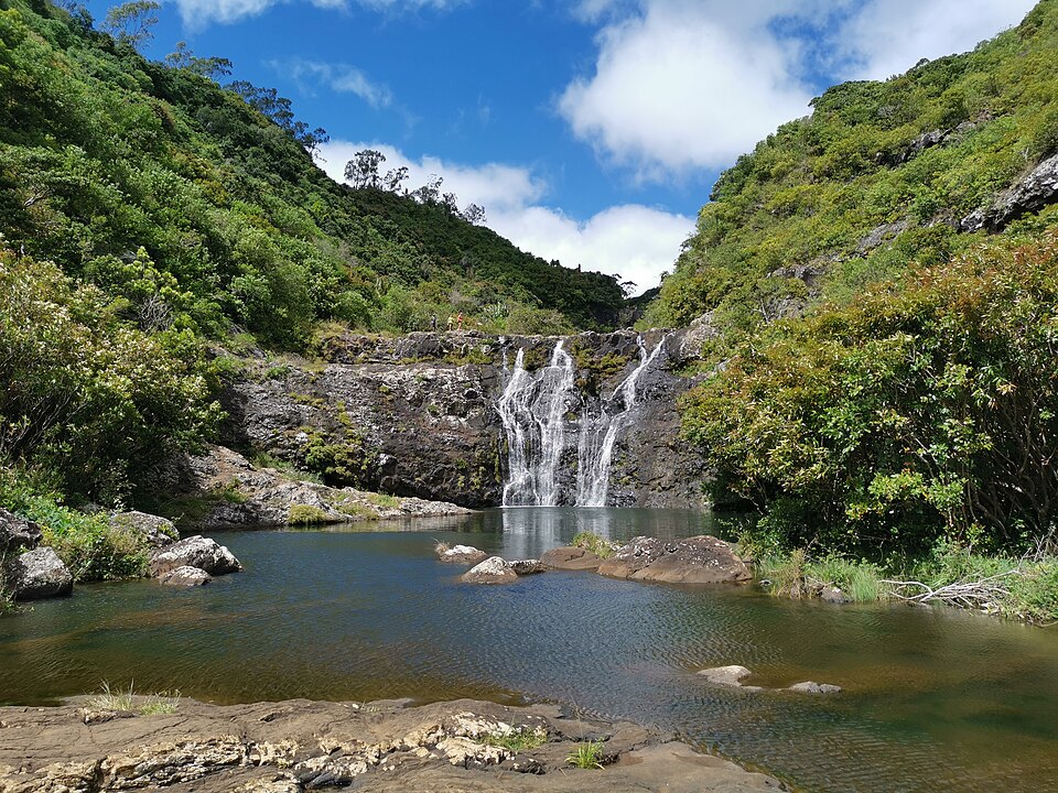 Tamarind Falls cascading into a natural pool in Mauritius